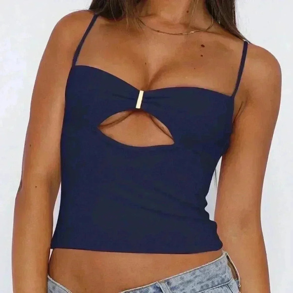 Navy Blue Sexy Women's Solid Color Hollow Camisole Top - Picture 3 of 5